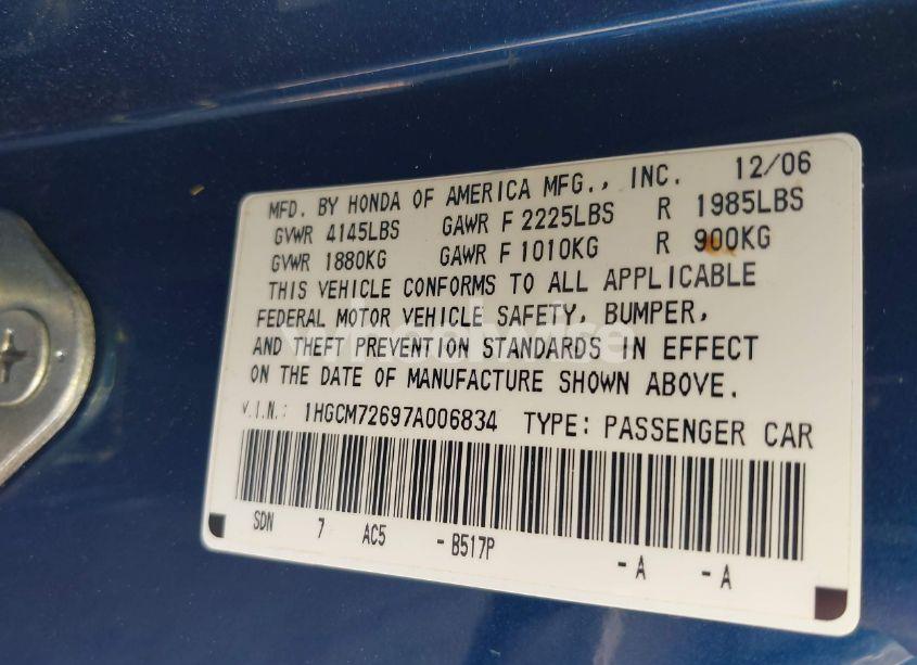 Photo 9 of 2007 Honda Accord 2.4 EX (VIN 1HGCM72697A006834)