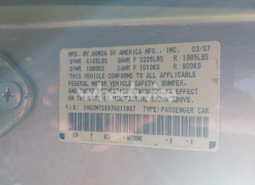 Photo 8 of 2007 Honda Accord 2.4 EX (VIN 1HGCM72697A011967)