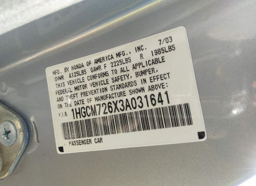 Photo 9 of 2003 Honda Accord 2.4 EX (VIN 1HGCM726X3A031641)