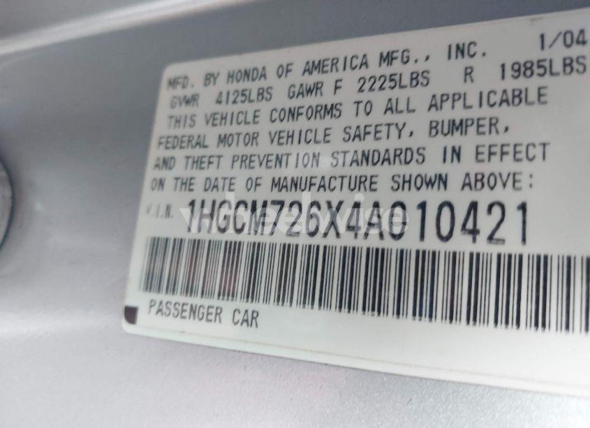 Photo 9 of 2004 Honda Accord 2.4 EX (VIN 1HGCM726X4A010421)