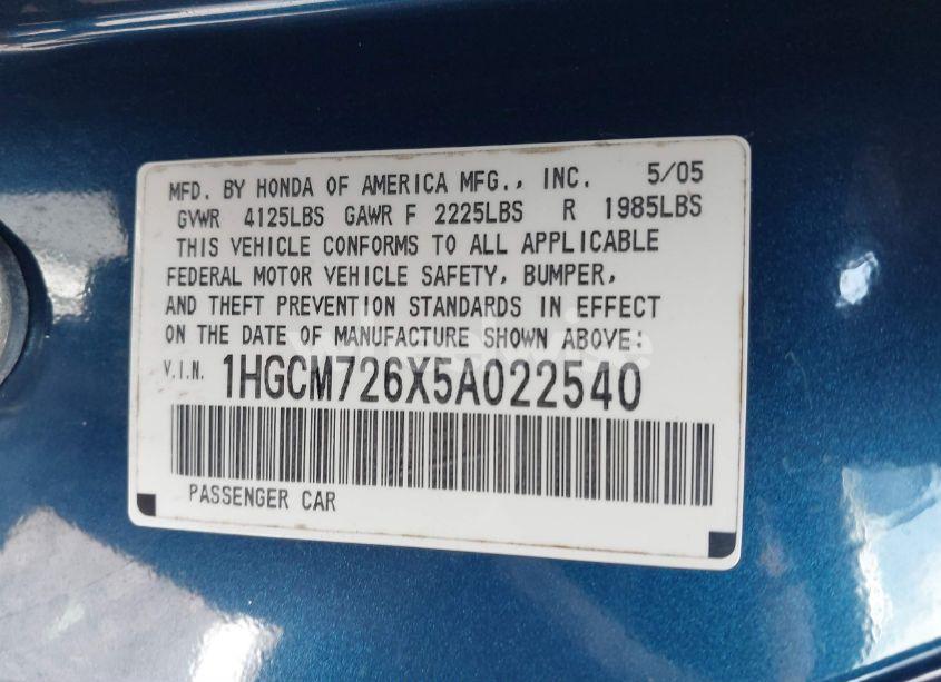 Photo 9 of 2005 Honda Accord 2.4 EX (VIN 1HGCM726X5A022540)