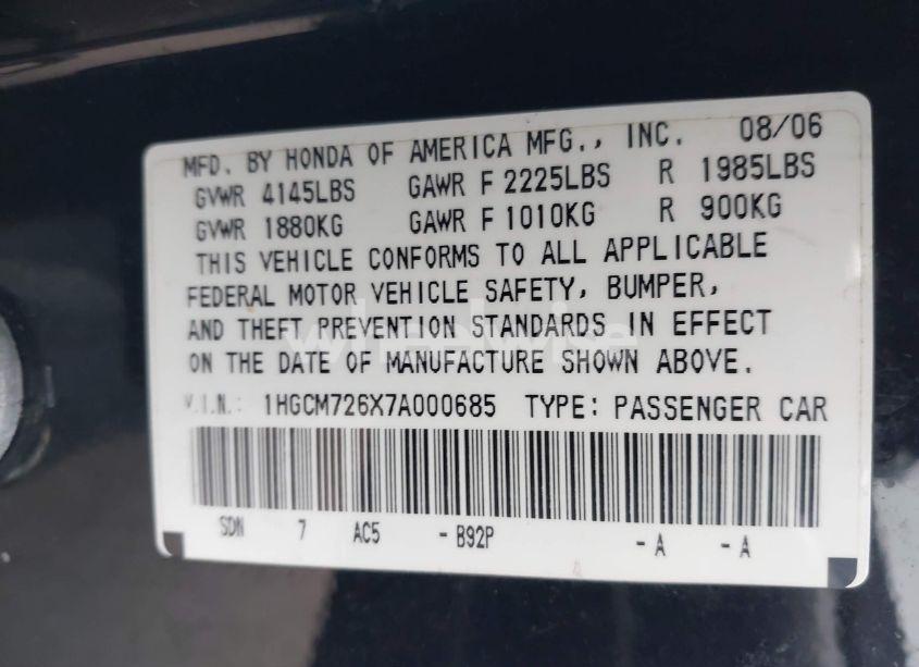 Photo 9 of 2007 Honda Accord 2.4 EX (VIN 1HGCM726X7A000685)