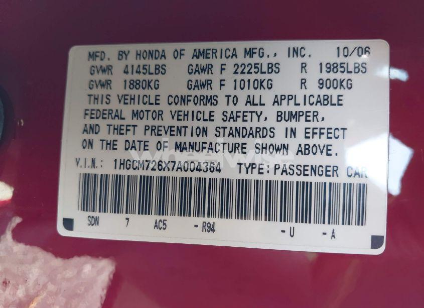Photo 9 of 2007 Honda Accord 2.4 EX (VIN 1HGCM726X7A004364)