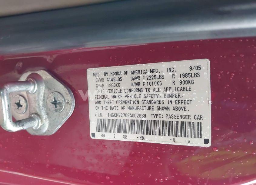 Photo 9 of 2006 Honda Accord 2.4 EX (VIN 1HGCM72706A002839)