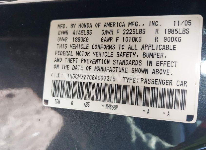 Photo 9 of 2006 Honda Accord 2.4 EX (VIN 1HGCM72706A007216)