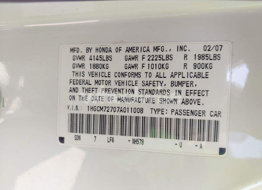 Photo 9 of 2007 Honda Accord 2.4 EX (VIN 1HGCM72707A011008)