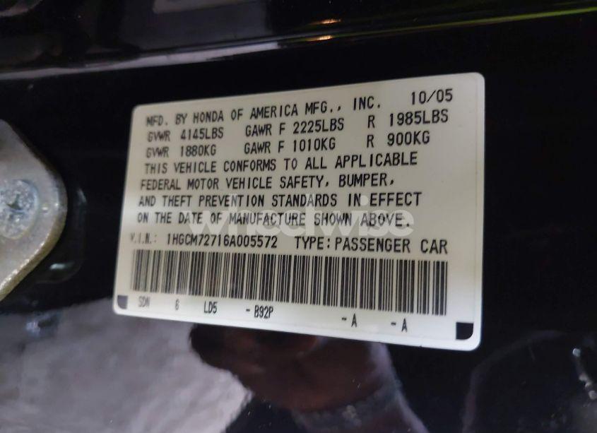 Photo 9 of 2006 Honda Accord 2.4 EX (VIN 1HGCM72716A005572)