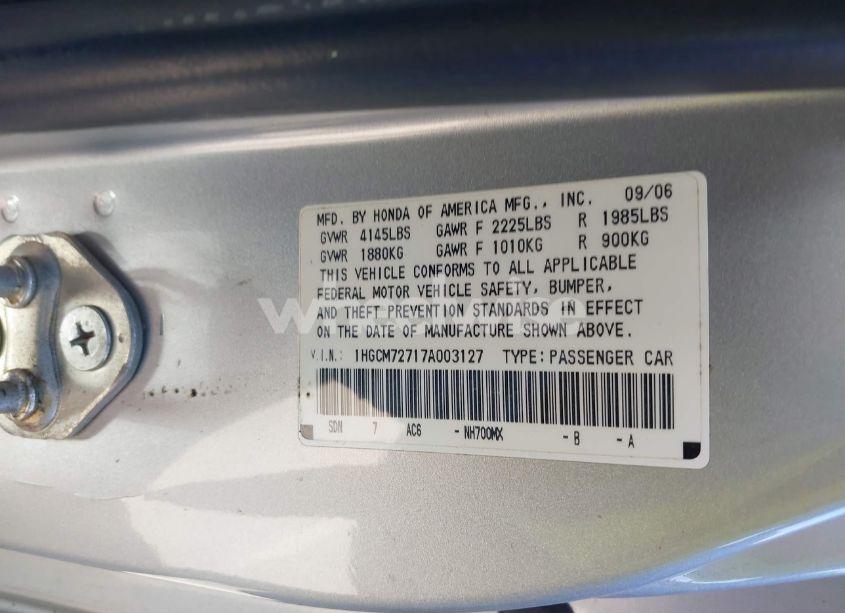 Photo 9 of 2007 Honda Accord 2.4 EX (VIN 1HGCM72717A003127)