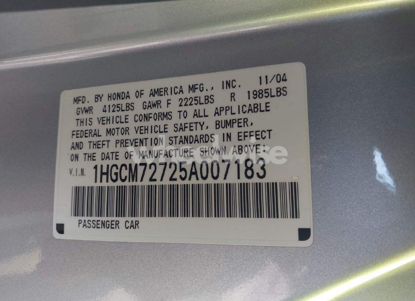 Photo 9 of 2005 Honda Accord 2.4 EX (VIN 1HGCM72725A007183)