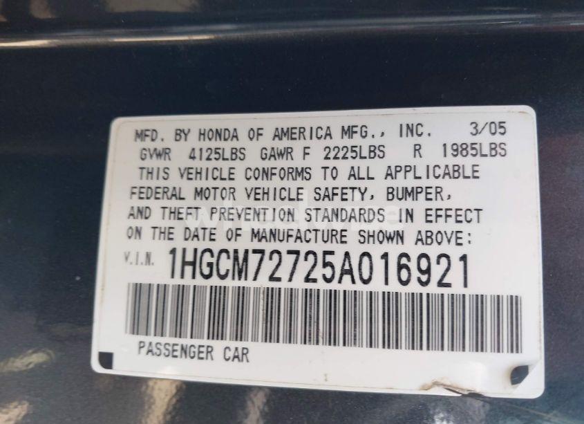 Photo 9 of 2005 Honda Accord 2.4 EX (VIN 1HGCM72725A016921)