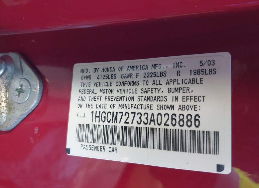 Photo 9 of 2003 Honda Accord 2.4 EX (VIN 1HGCM72733A026886)