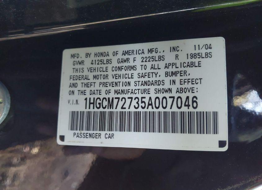 Photo 9 of 2005 Honda Accord 2.4 EX (VIN 1HGCM72735A007046)