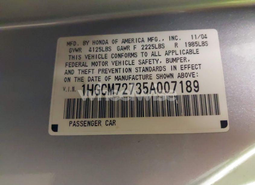 Photo 9 of 2005 Honda Accord 2.4 EX (VIN 1HGCM72735A007189)