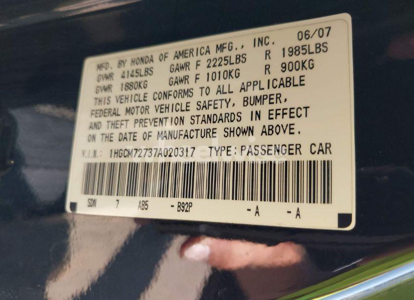 Photo 9 of 2007 Honda Accord 2.4 EX (VIN 1HGCM72737A020317)