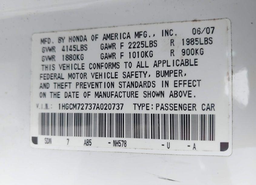 Photo 9 of 2007 Honda Accord 2.4 EX (VIN 1HGCM72737A020737)