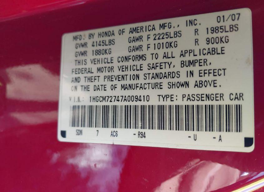 Photo 9 of 2007 Honda Accord 2.4 EX (VIN 1HGCM72747A009410)