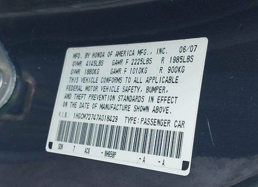 Photo 9 of 2007 Honda Accord 2.4 EX (VIN 1HGCM72747A018429)