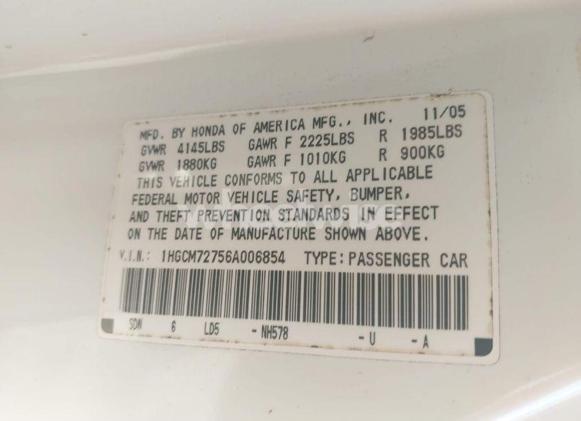 Photo 9 of 2006 Honda Accord 2.4 EX (VIN 1HGCM72756A006854)