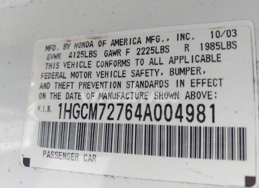 Photo 9 of 2004 Honda Accord 2.4 EX (VIN 1HGCM72764A004981)