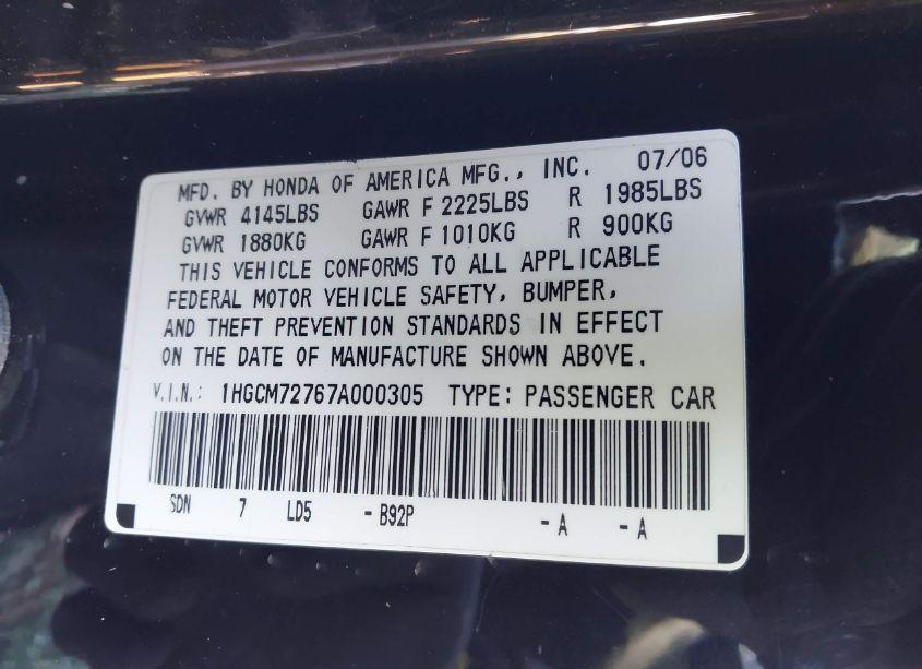 Photo 9 of 2007 Honda Accord 2.4 EX (VIN 1HGCM72767A000305)