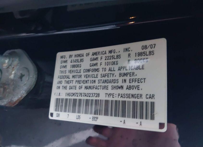 Photo 9 of 2007 Honda Accord 2.4 EX (VIN 1HGCM72767A023728)