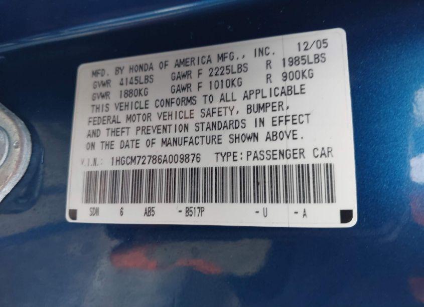 Photo 9 of 2006 Honda Accord 2.4 EX (VIN 1HGCM72786A009876)