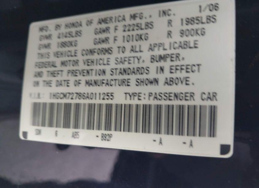 Photo 9 of 2006 Honda Accord 2.4 EX (VIN 1HGCM72786A011255)