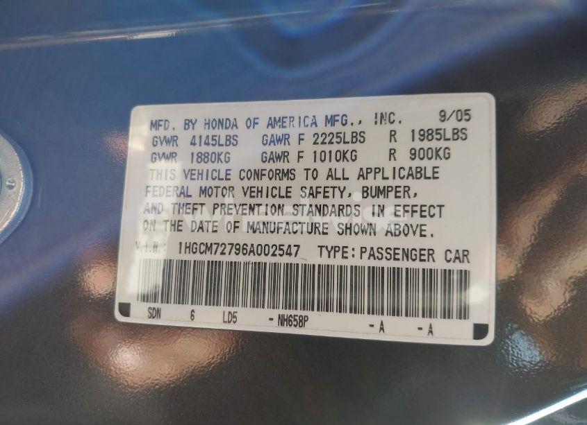 Photo 9 of 2006 Honda Accord 2.4 EX (VIN 1HGCM72796A002547)