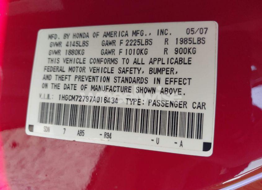 Photo 9 of 2007 Honda Accord 2.4 EX (VIN 1HGCM72797A016434)