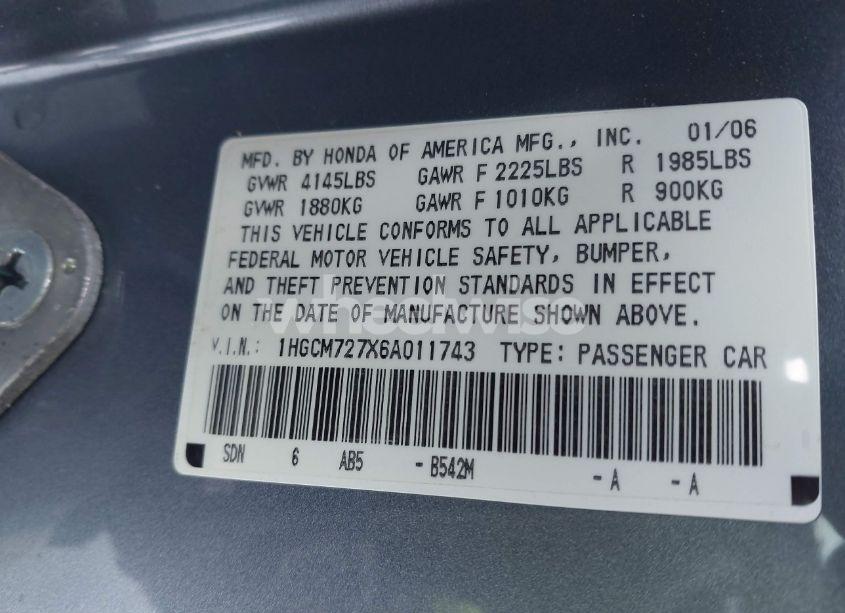 Photo 9 of 2006 Honda Accord 2.4 EX (VIN 1HGCM727X6A011743)
