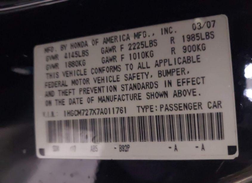 Photo 9 of 2007 Honda Accord 2.4 EX (VIN 1HGCM727X7A011761)