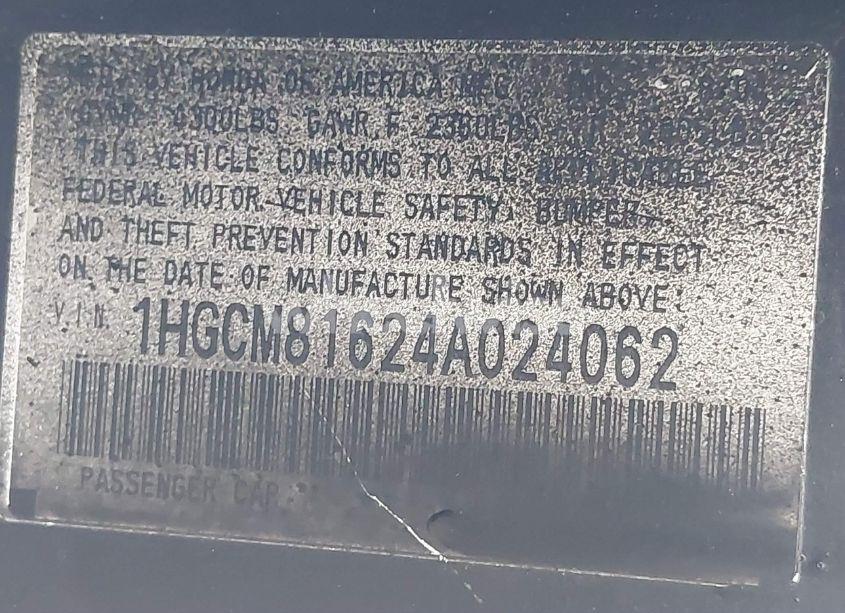 Photo 9 of 2004 Honda Accord 3.0 EX (VIN 1HGCM81624A024062)