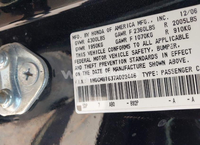 Photo 9 of 2007 Honda Accord 3.0 EX (VIN 1HGCM81637A002446)