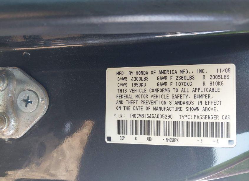 Photo 9 of 2006 Honda Accord 3.0 EX (VIN 1HGCM81646A005290)