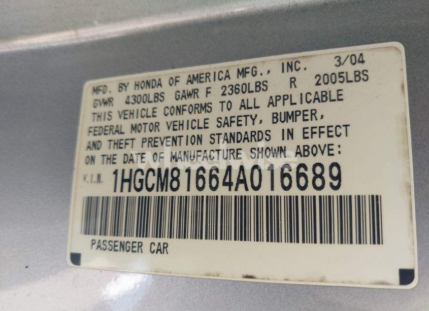 Photo 9 of 2004 Honda Accord 3.0 EX (VIN 1HGCM81664A016689)