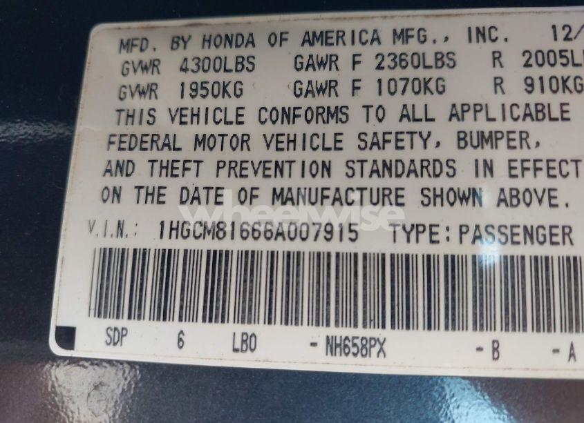 Photo 9 of 2006 Honda Accord 3.0 EX (VIN 1HGCM81666A007915)