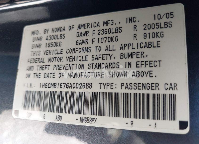 Photo 9 of 2006 Honda Accord 3.0 EX (VIN 1HGCM81676A002688)
