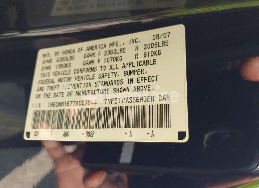 Photo 9 of 2007 Honda Accord 3.0 EX (VIN 1HGCM81677A007844)