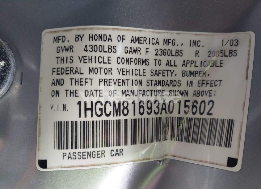 Photo 9 of 2003 Honda Accord 3.0 EX (VIN 1HGCM81693A015602)