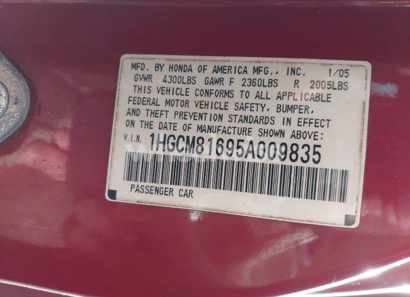 Photo 9 of 2005 Honda Accord 3.0 EX (VIN 1HGCM81695A009835)