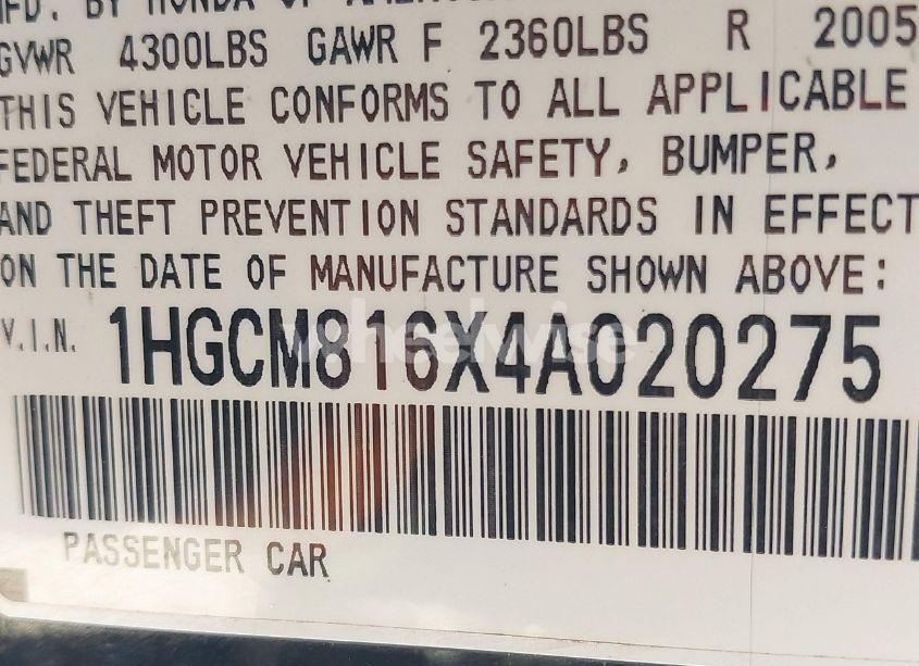 Photo 9 of 2004 Honda Accord 3.0 EX (VIN 1HGCM816X4A020275)