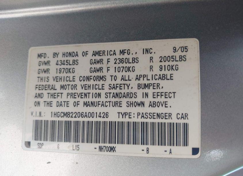 Photo 9 of 2006 Honda Accord 3.0 LX (VIN 1HGCM82206A001426)
