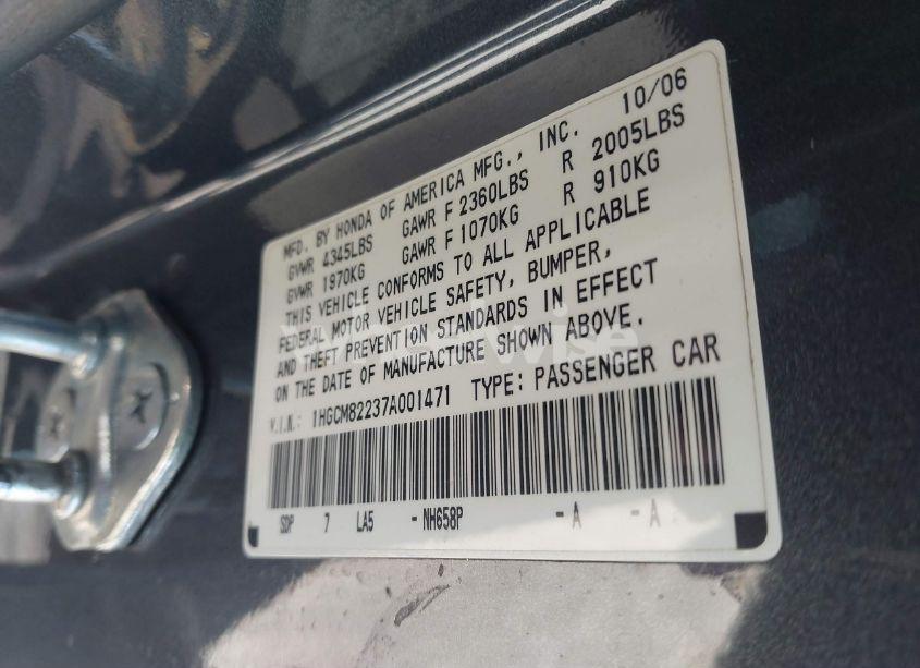 Photo 9 of 2007 Honda Accord 3.0 LX (VIN 1HGCM82237A001471)