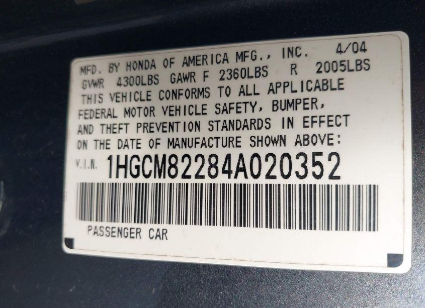 Photo 9 of 2004 Honda Accord 3.0 LX (VIN 1HGCM82284A020352)