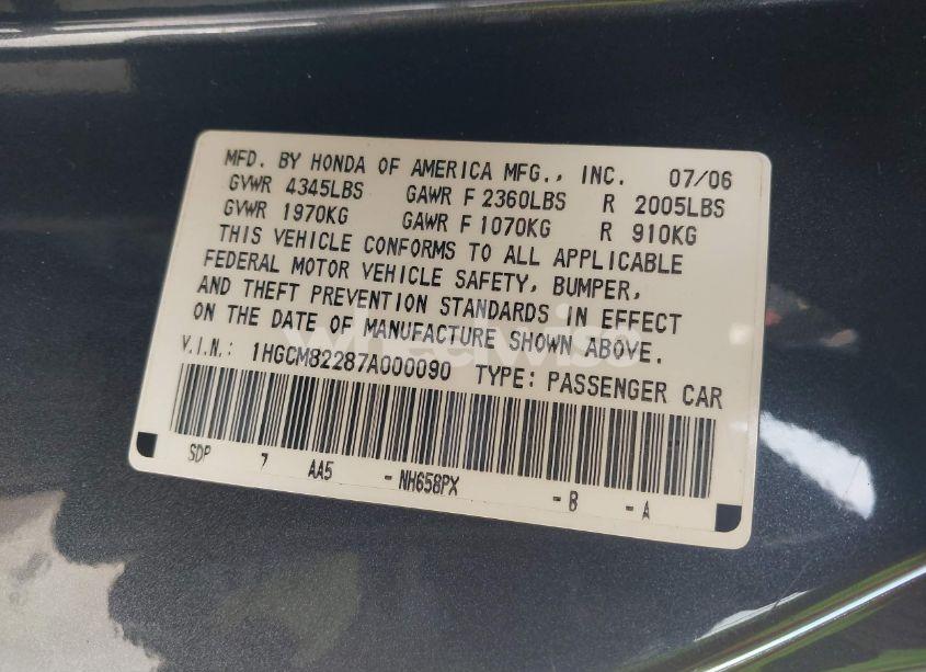 Photo 9 of 2007 Honda Accord 3.0 LX (VIN 1HGCM82287A000090)