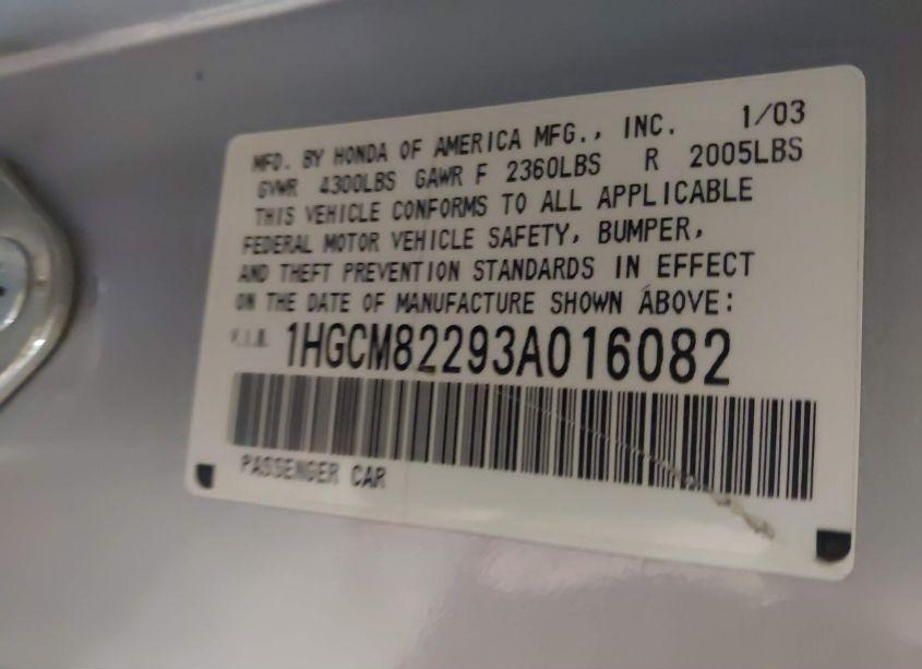 Photo 9 of 2003 Honda Accord 3.0 LX (VIN 1HGCM82293A016082)