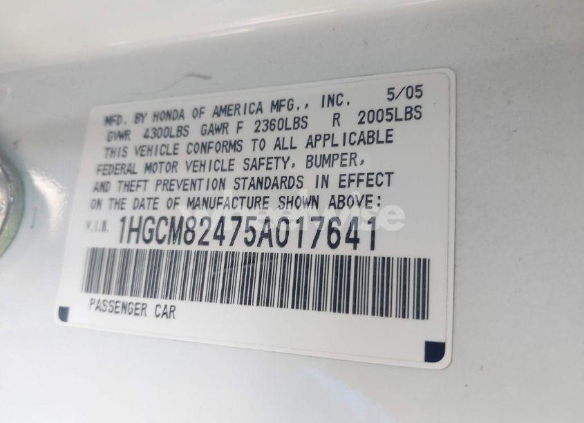 Photo 9 of 2005 Honda Accord 3.0 LX SPECIAL EDITION (VIN 1HGCM82475A017641)