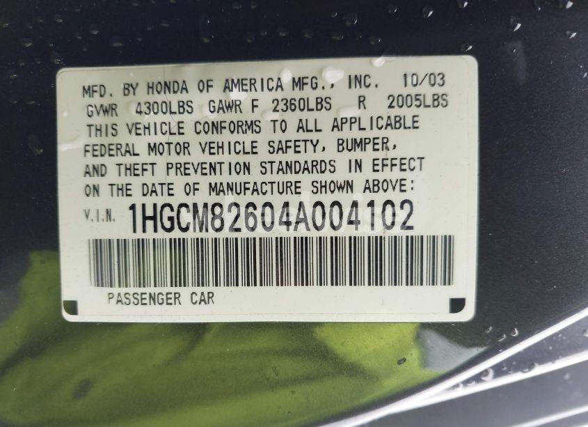 Photo 9 of 2004 Honda Accord 3.0 EX (VIN 1HGCM82604A004102)