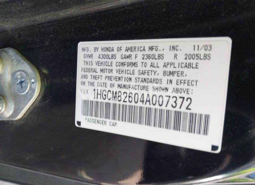 Photo 9 of 2004 Honda Accord 3.0 EX (VIN 1HGCM82604A007372)