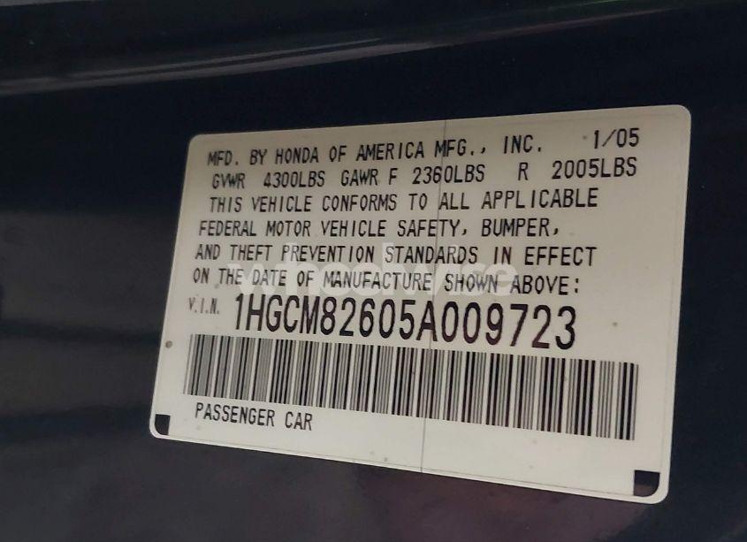 Photo 9 of 2005 Honda Accord 3.0 EX (VIN 1HGCM82605A009723)